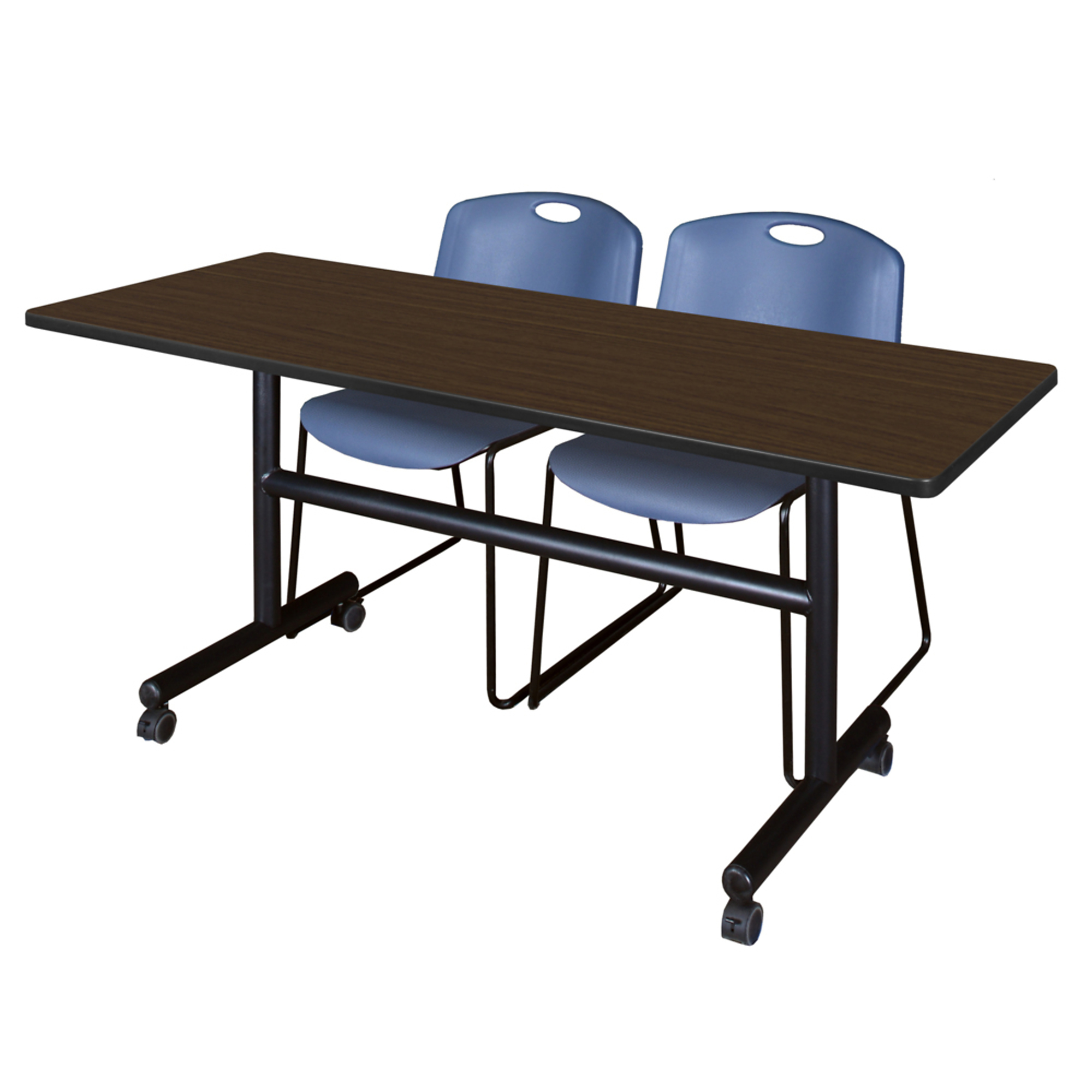 Regency Furniture Kobe Flip-Top Training Nesting Table Set — 60in. x 24in., Neo Walnut, Includes 2 Blue Zeng Stack Chairs, Model# MKFT6024NW44BE